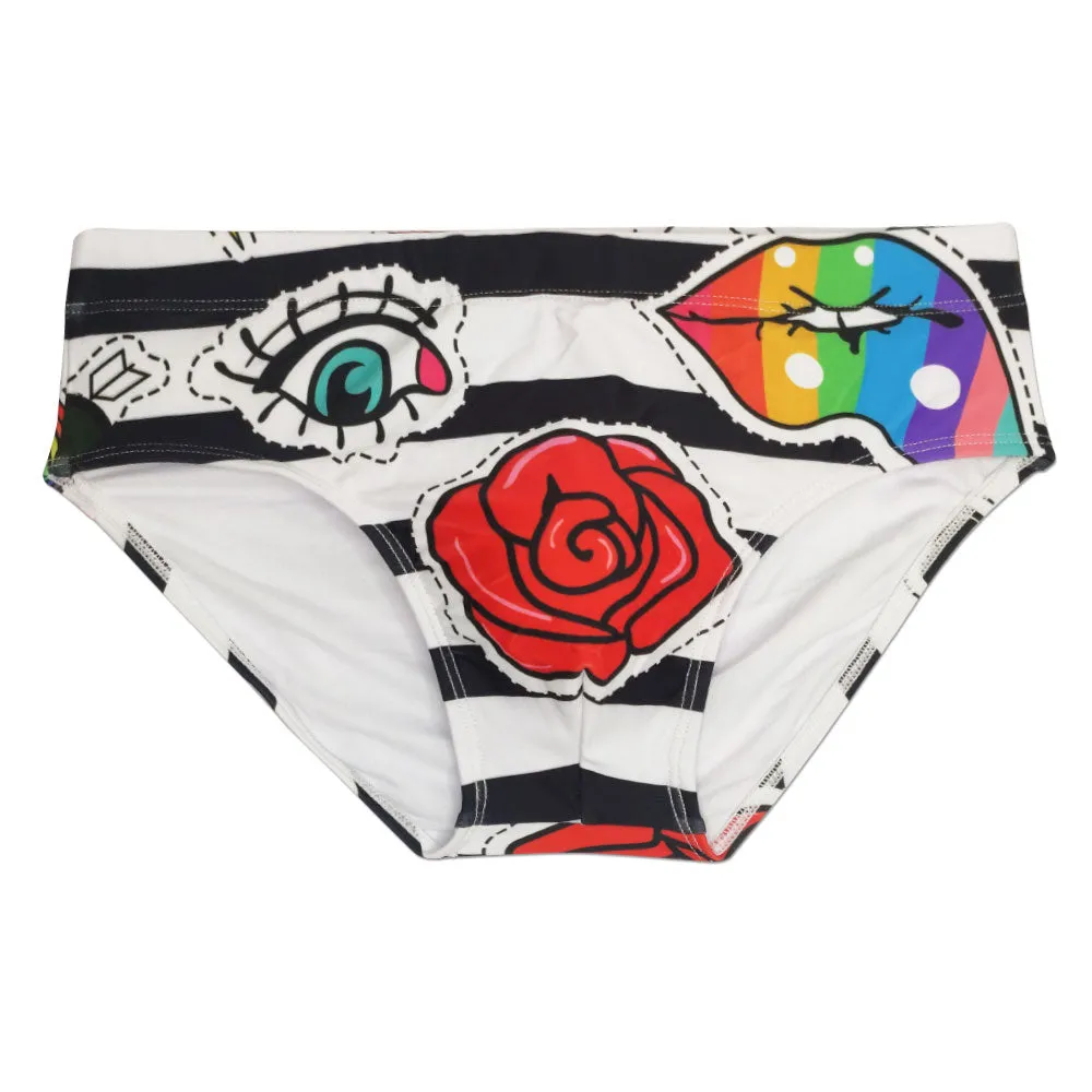 Men's Rose Striped Pattern Water Sports Swim Briefs