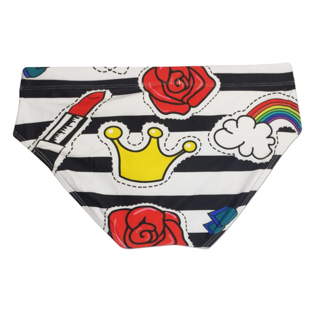 Men's Rose Striped Pattern Water Sports Swim Briefs