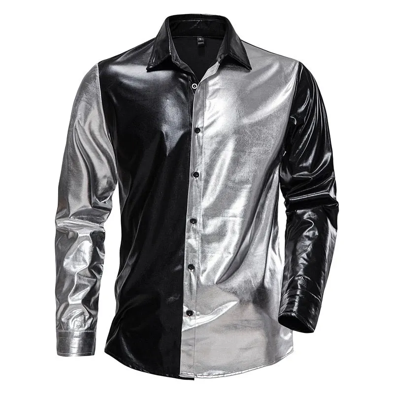 Shiny Metallic Patchwork Slim Fit Shirt for Men