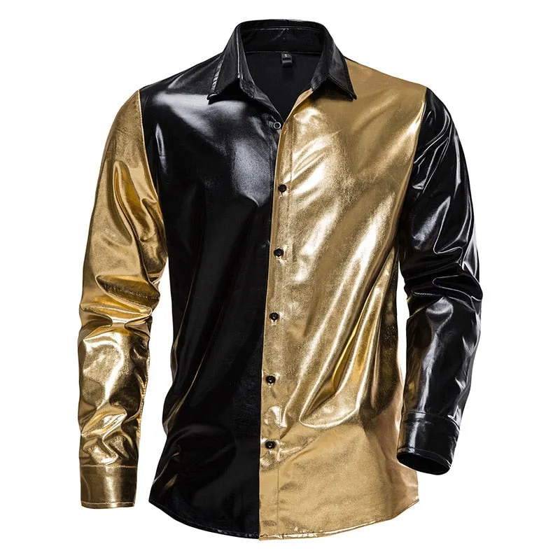 Shiny Metallic Patchwork Slim Fit Shirt for Men