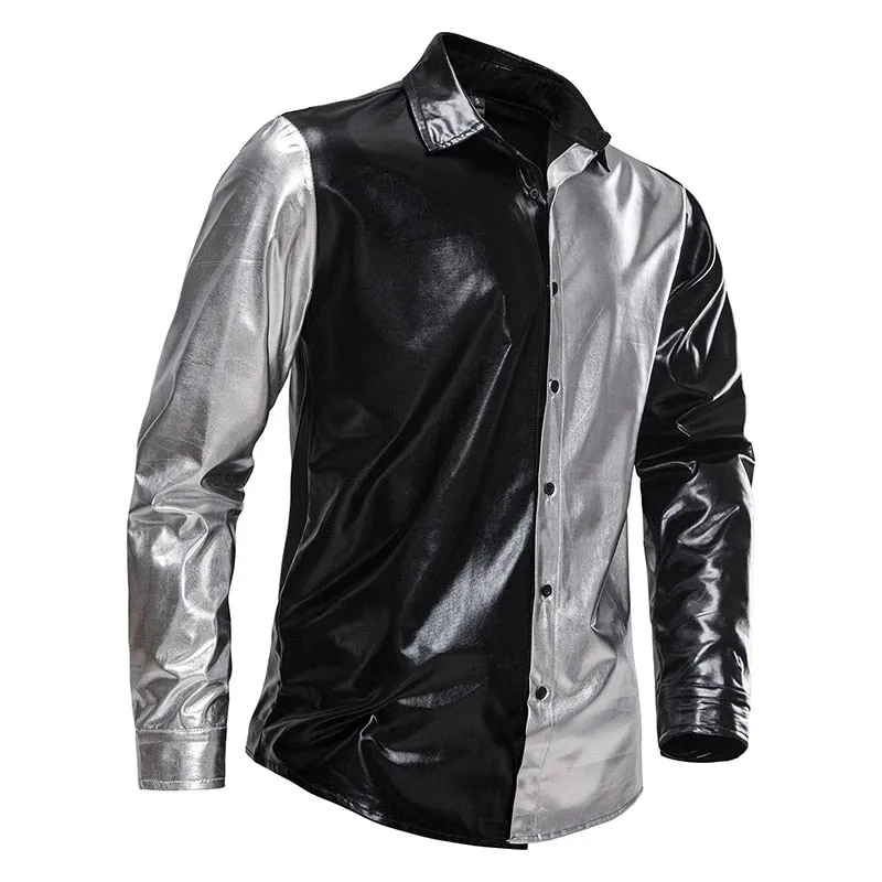 Shiny Metallic Patchwork Slim Fit Shirt for Men