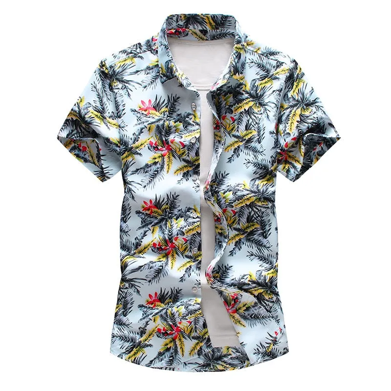 Summer Beachwear Shirt Men's Blue Leaf Print Slim Fit Short Sleeve