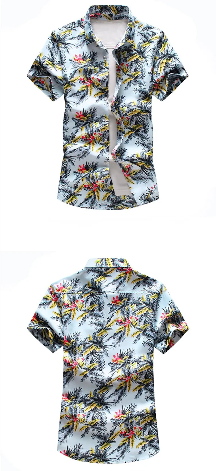 Summer Beachwear Shirt Men's Blue Leaf Print Slim Fit Short Sleeve