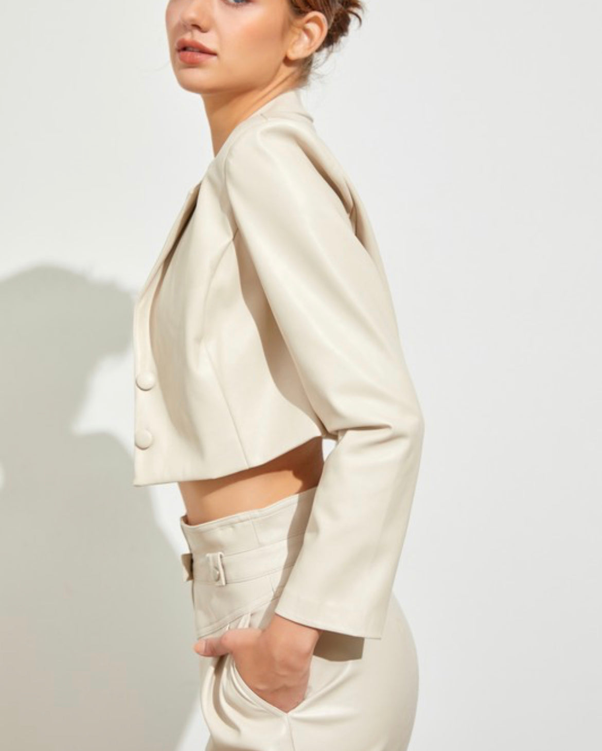 Miami Ecru PU Leather Crop Jacket