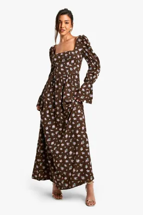 Milkmaid Maxi Dress with Floral Print Puff Sleeve Corset