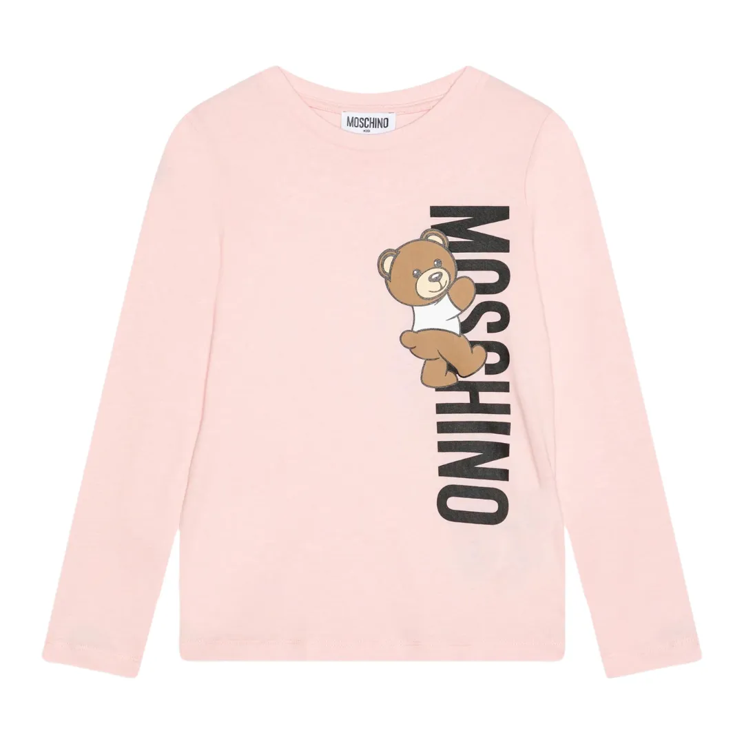 Moschino Long Sleeve T-Shirt with Vertical Bear Logo in Pale Pink