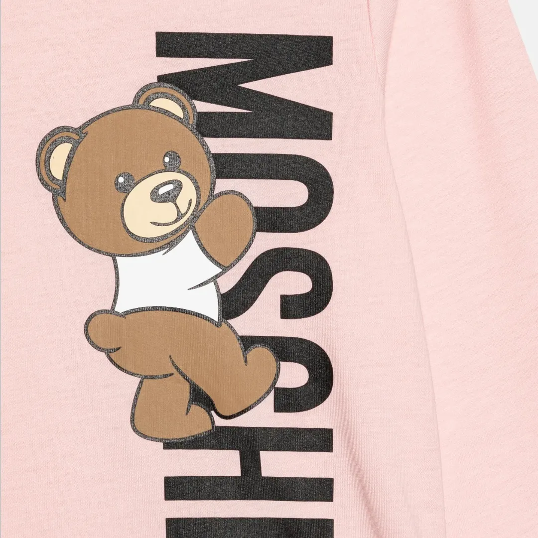 Moschino Long Sleeve T-Shirt with Vertical Bear Logo in Pale Pink