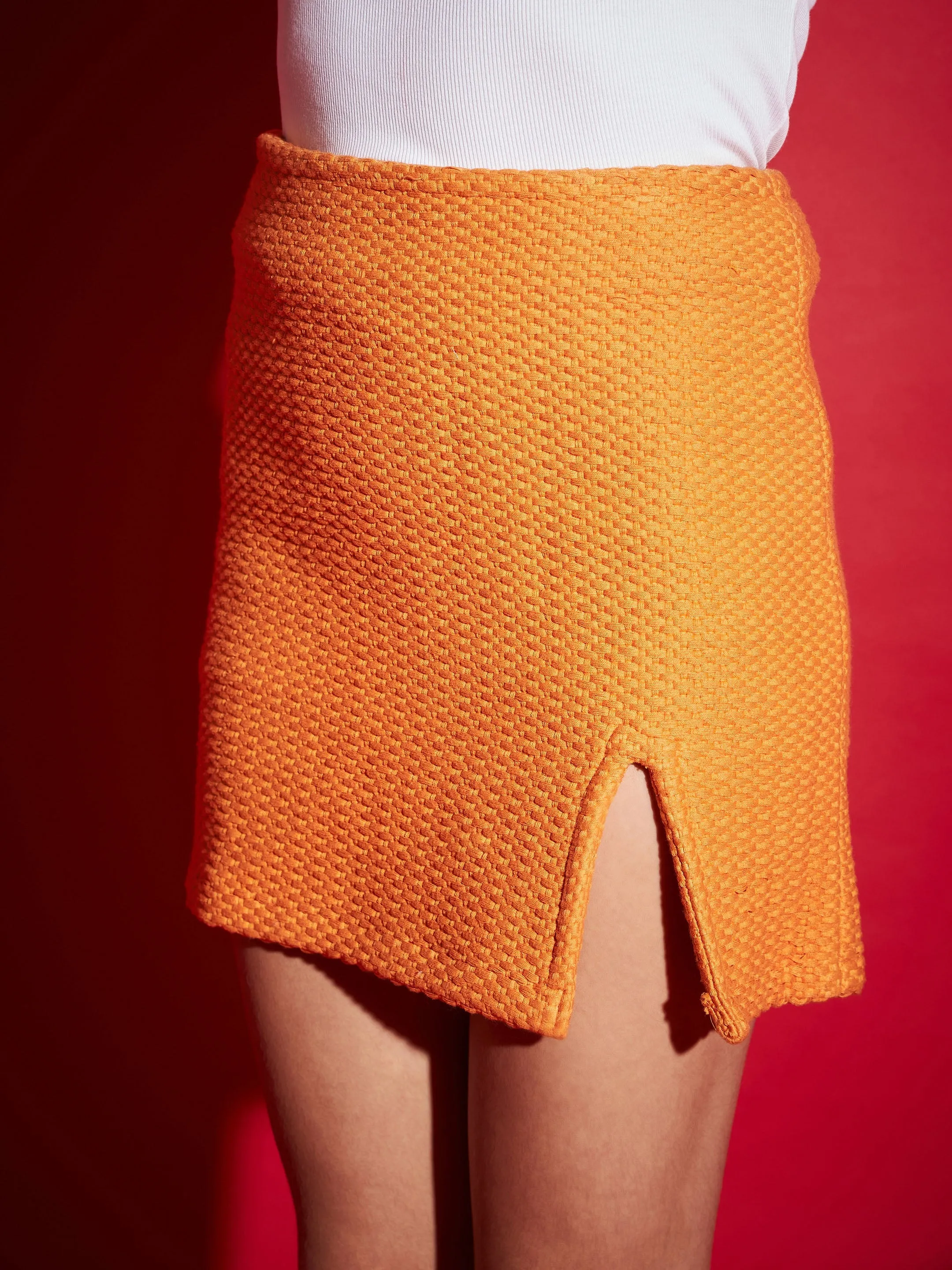 Mustard Tweed Mini Skirt with Front Slit for Women