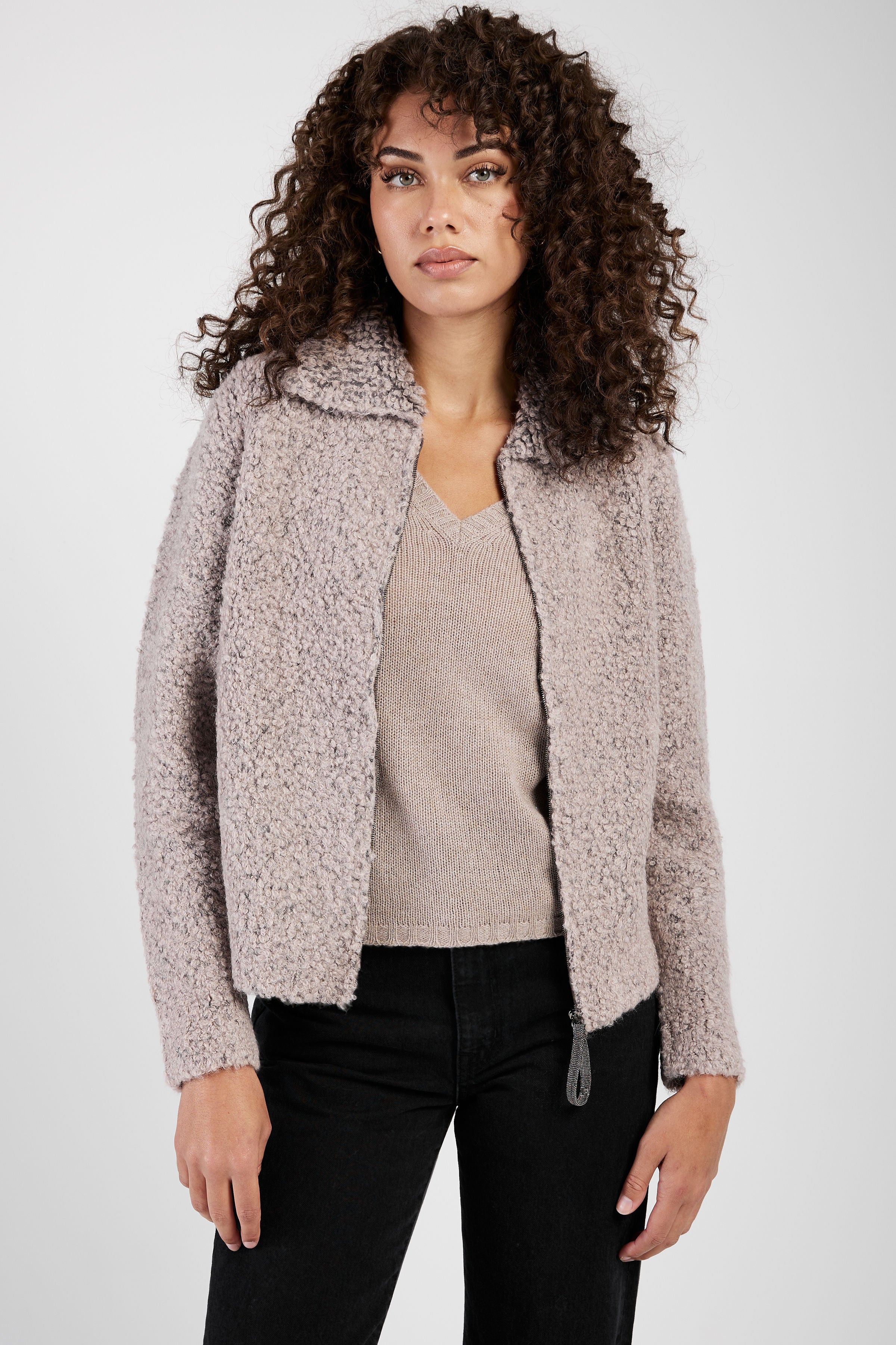 Nocciola and Pepe Bouclé Bomber Jacket.