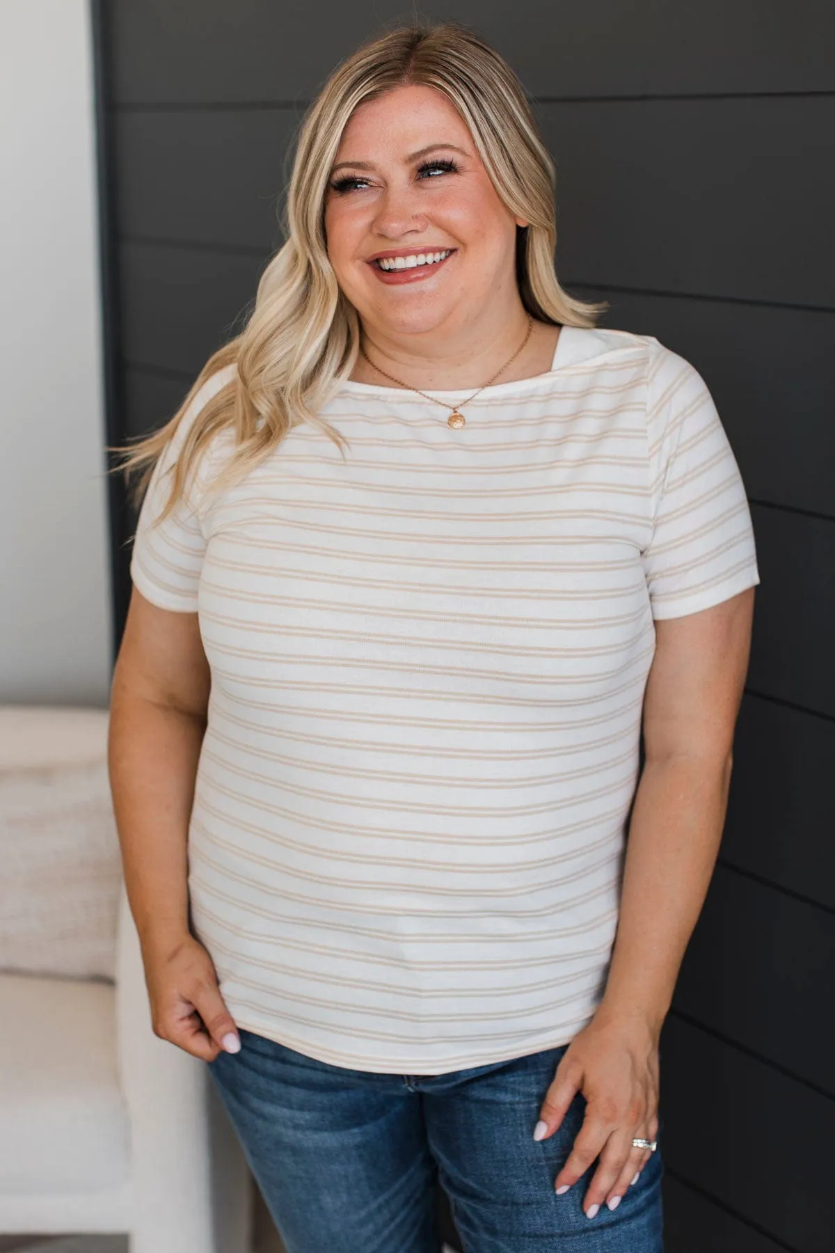 Striped Short Sleeve Top On a Pedestal - Cream Color