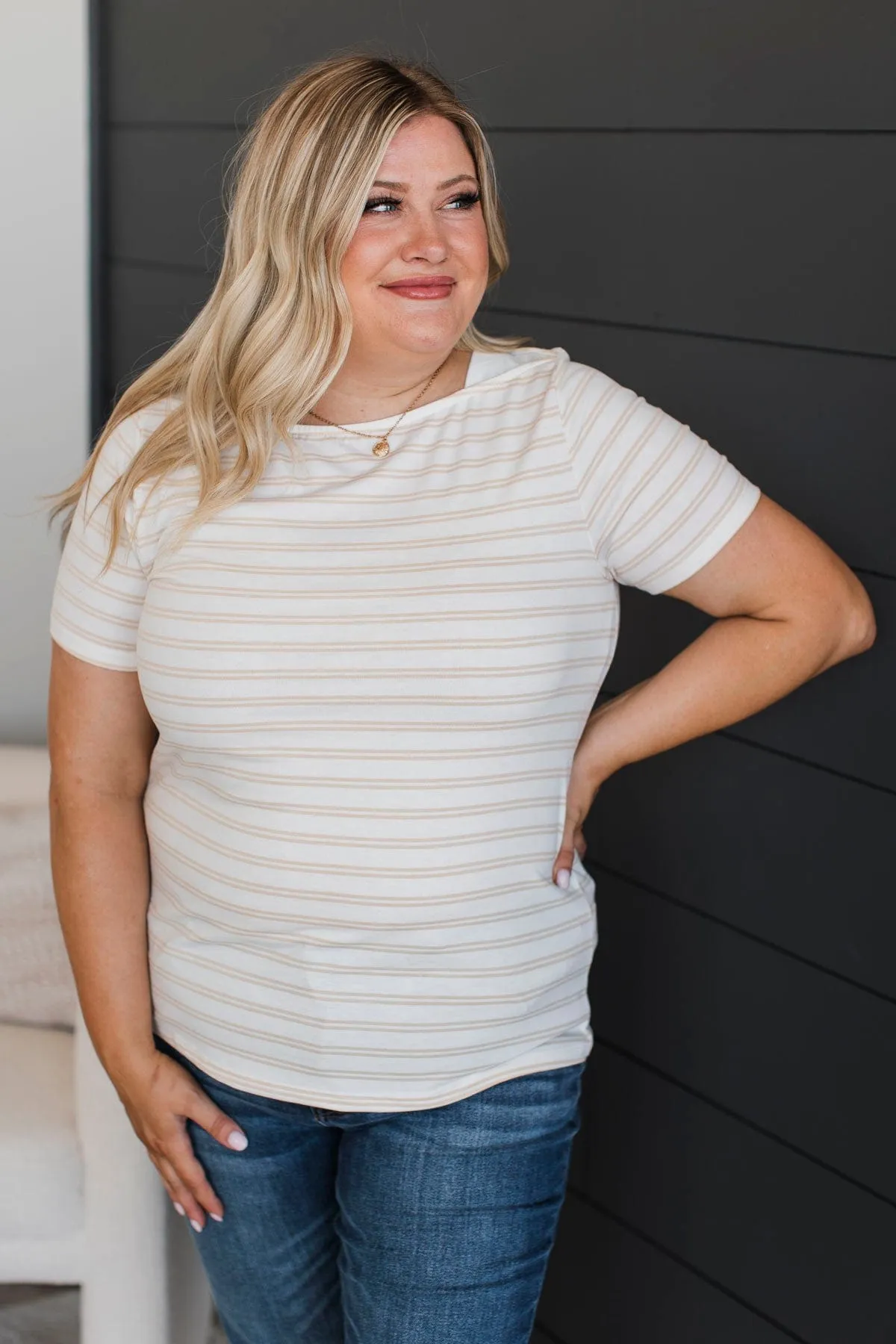 Striped Short Sleeve Top On a Pedestal - Cream Color