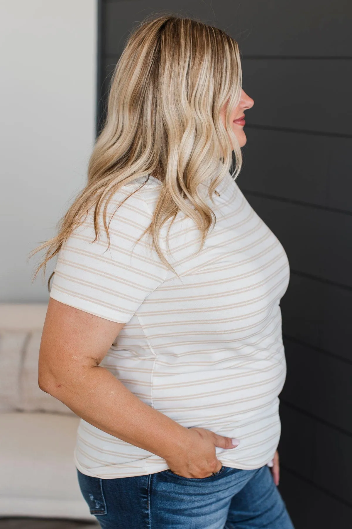 Striped Short Sleeve Top On a Pedestal - Cream Color