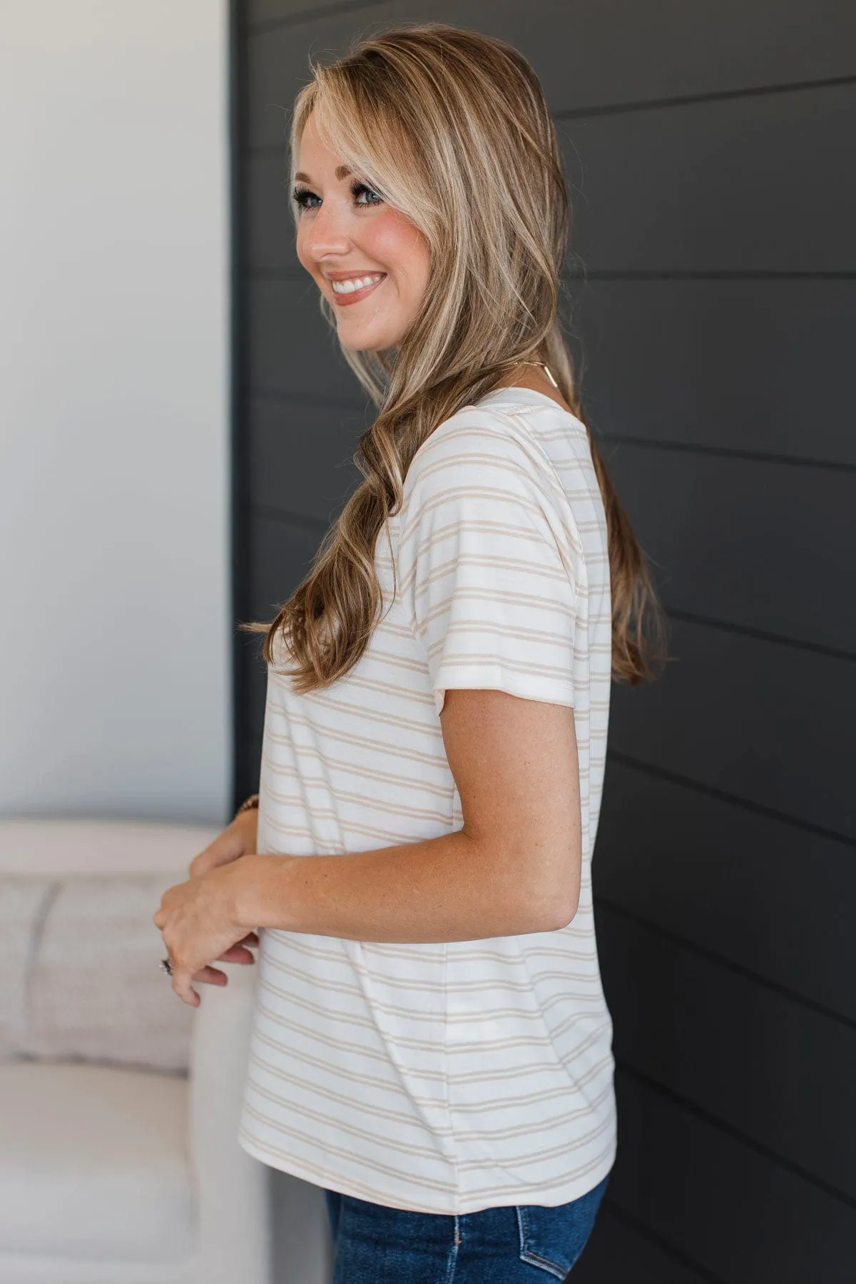 Striped Short Sleeve Top On a Pedestal - Cream Color