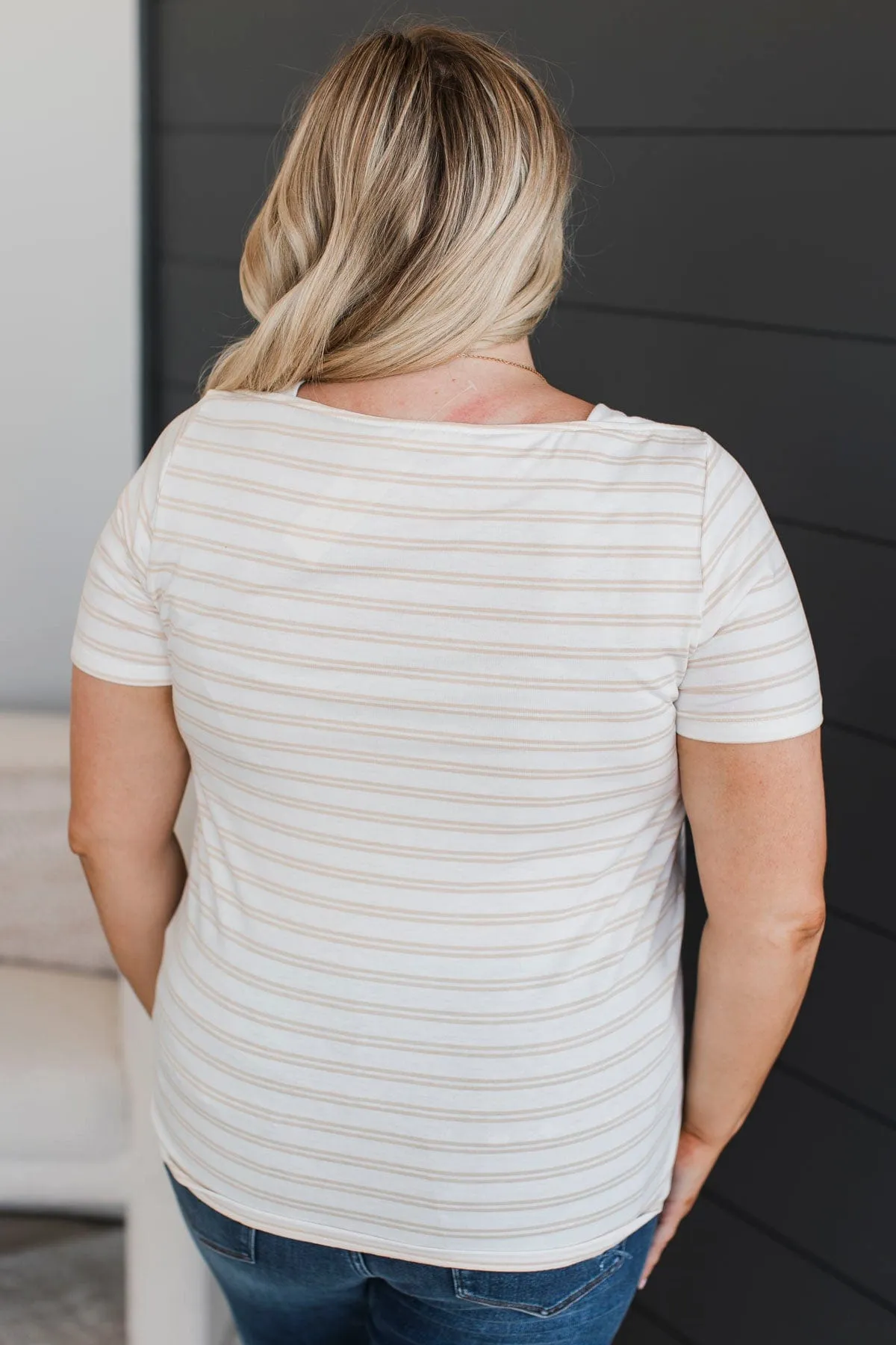 Striped Short Sleeve Top On a Pedestal - Cream Color