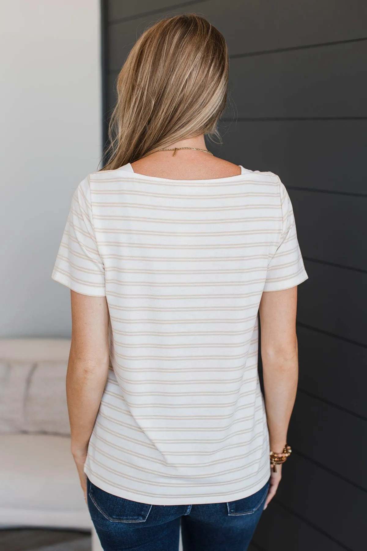 Striped Short Sleeve Top On a Pedestal - Cream Color