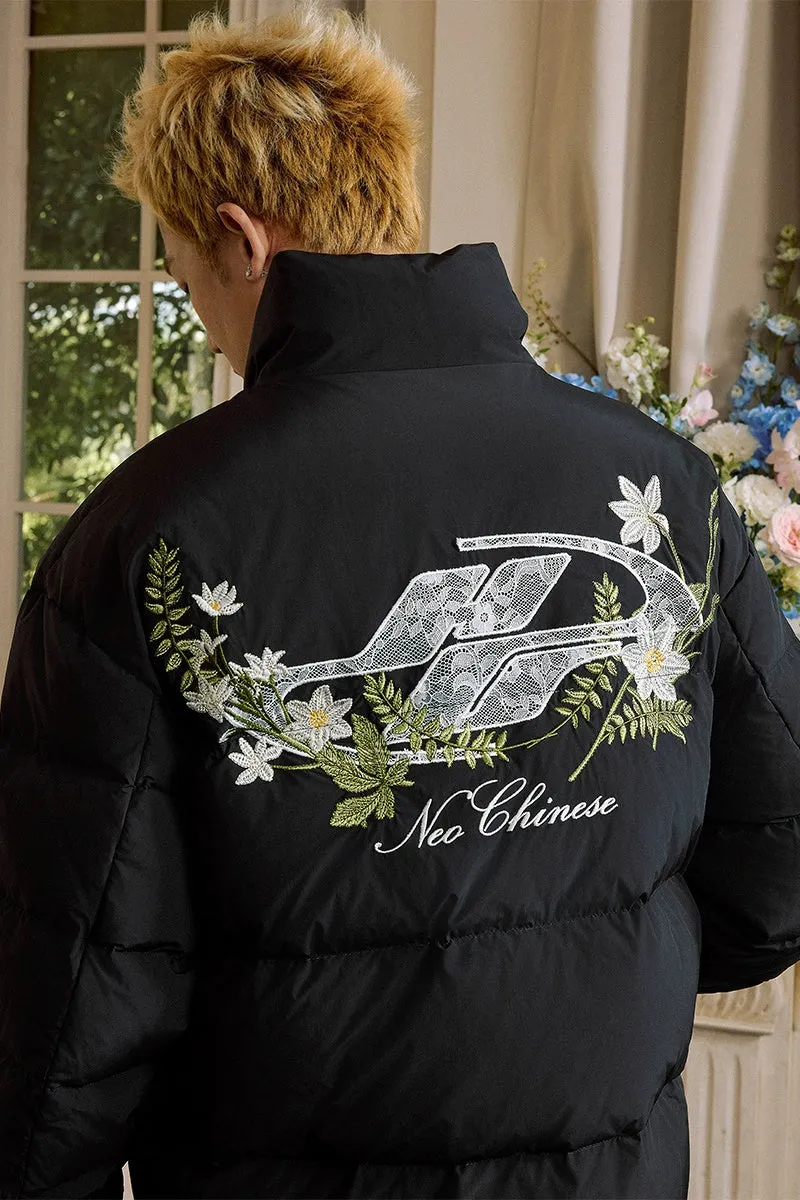 Oversized Lace Floral Embroidered Puffer