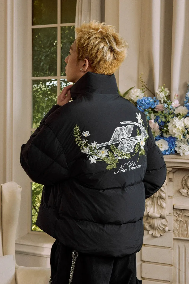 Oversized Lace Floral Embroidered Puffer