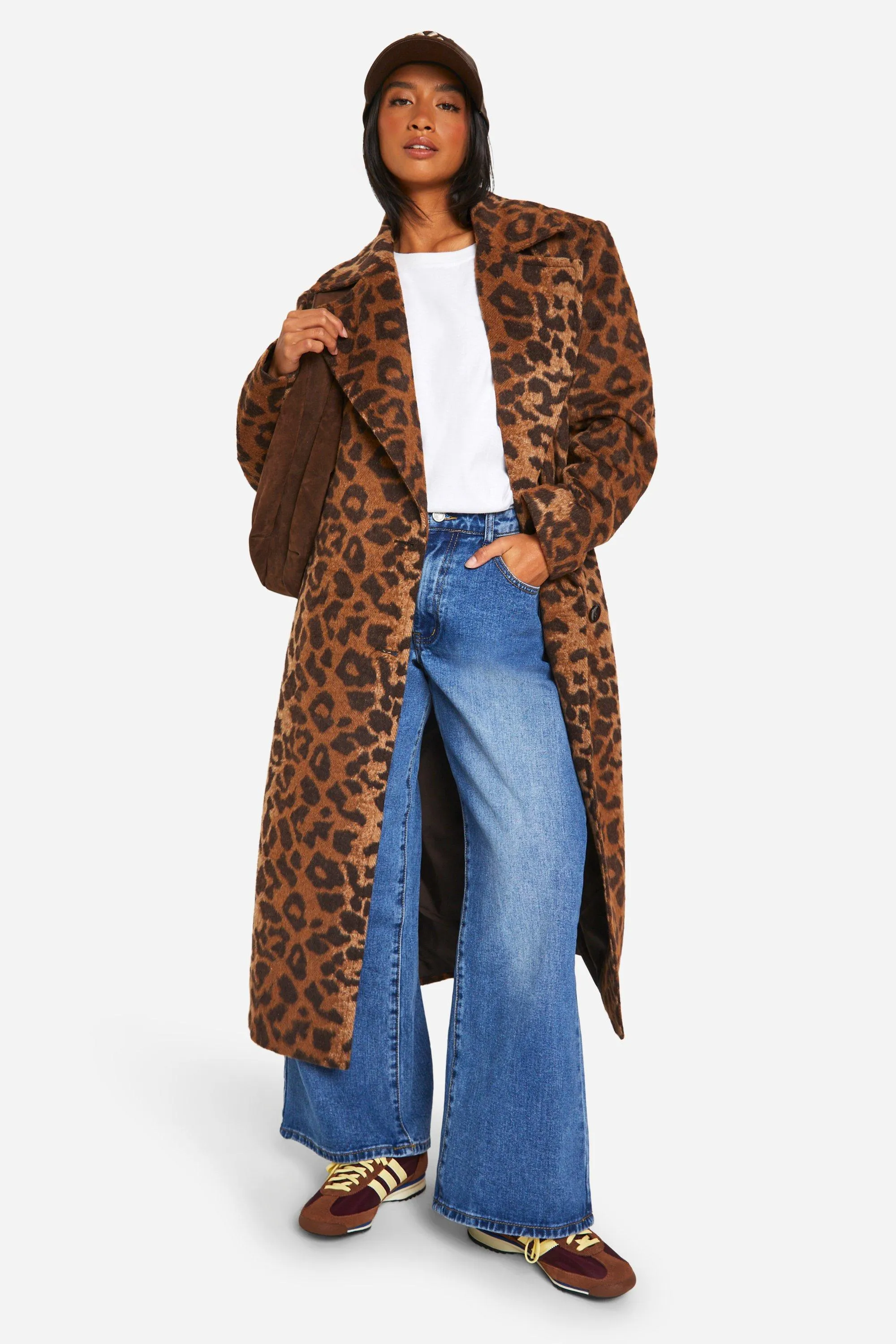 Oversized Wool Look Coat with Leopard Print for Petites