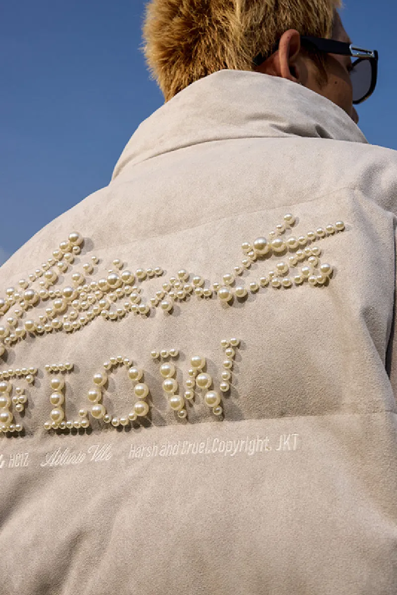 Pearl Embellished Suede Puffer Jacket