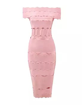 Pink Bodycon Bandage Knitted Lined Midi Dress.