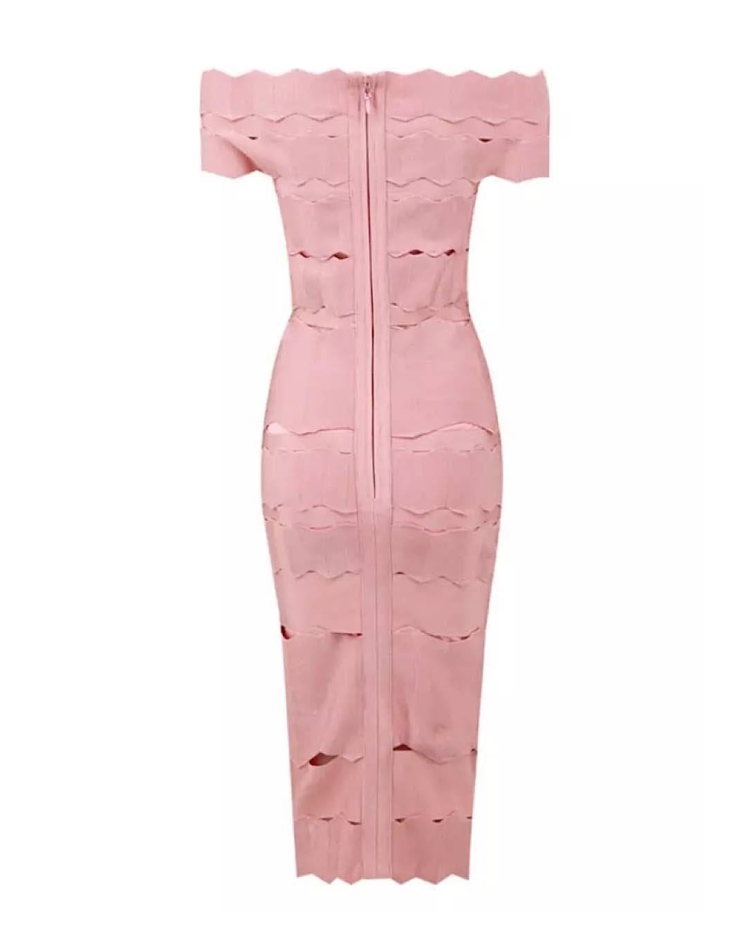 Pink Bodycon Bandage Knitted Lined Midi Dress.