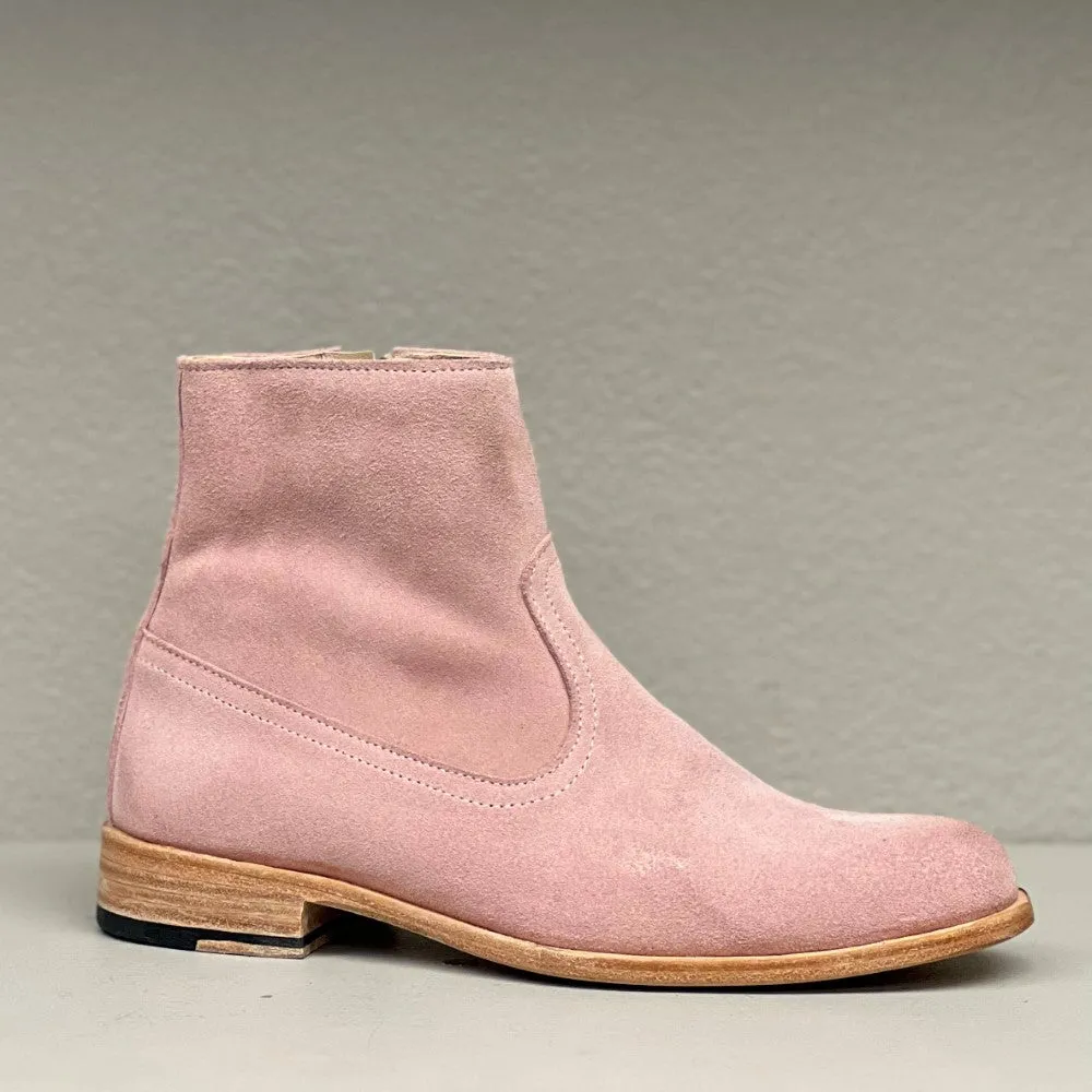 Pink Suede Chelsea Boot, Side Zip with Oil Accents and Leather Sole