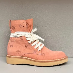 Pink Suede Combat Boot, Lace-Up with Printed Accents and Rubber Sole