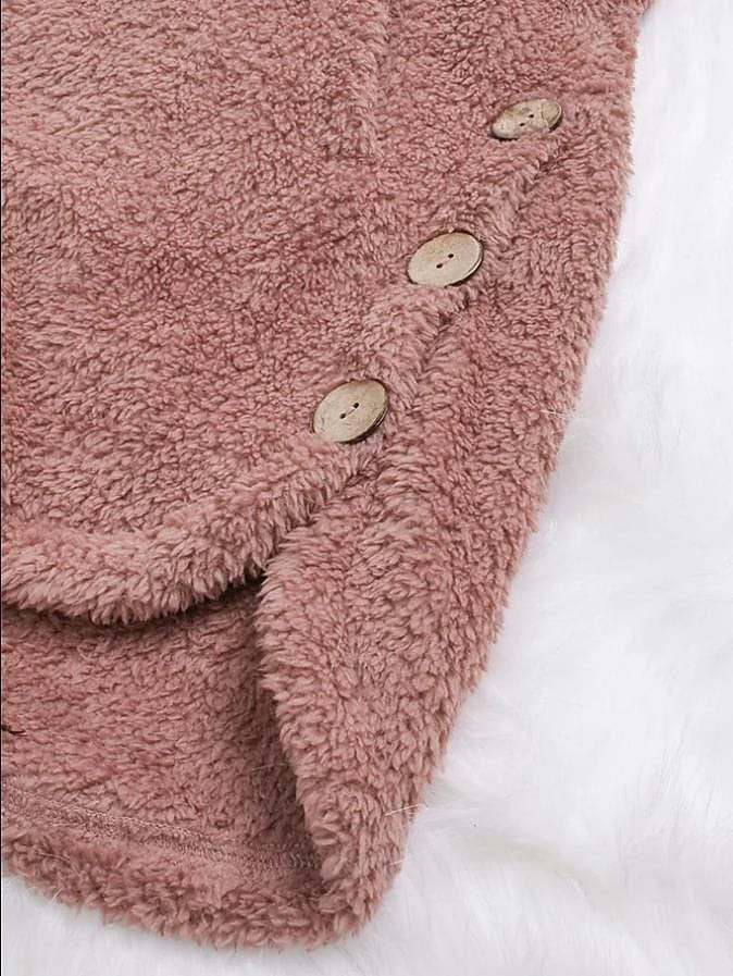 Plus Size Fleece Jacket with Pockets and Button Closure