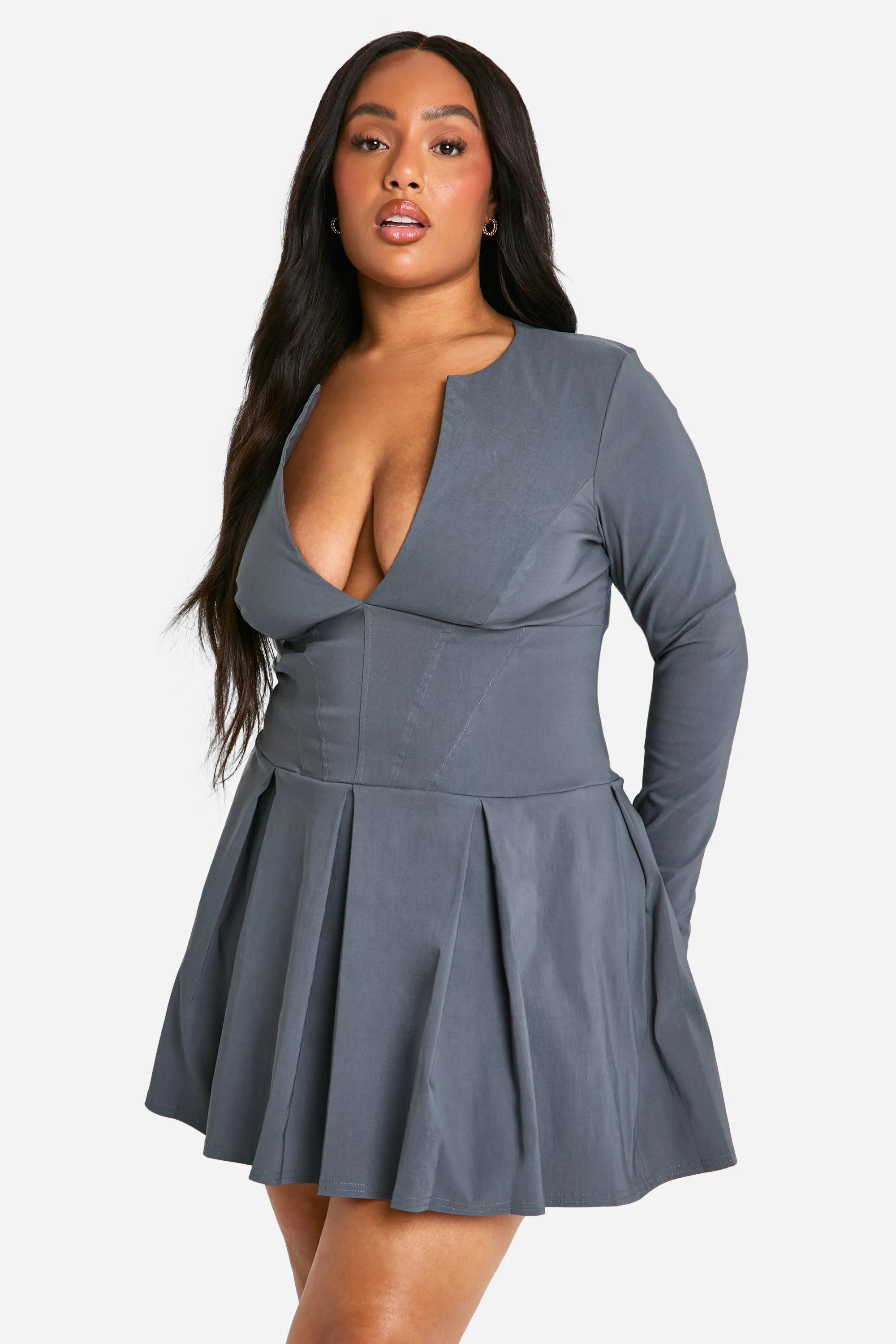 Plus Size Pleated Hem Dress with Corset Detail and Long Sleeves