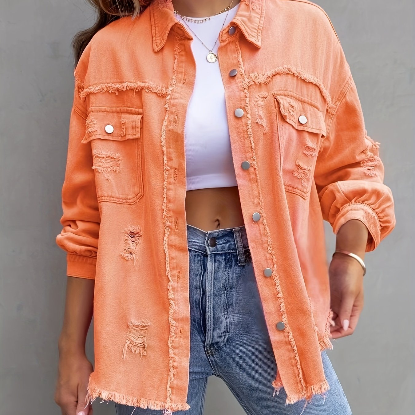 Plus Size Ripped Denim Jacket