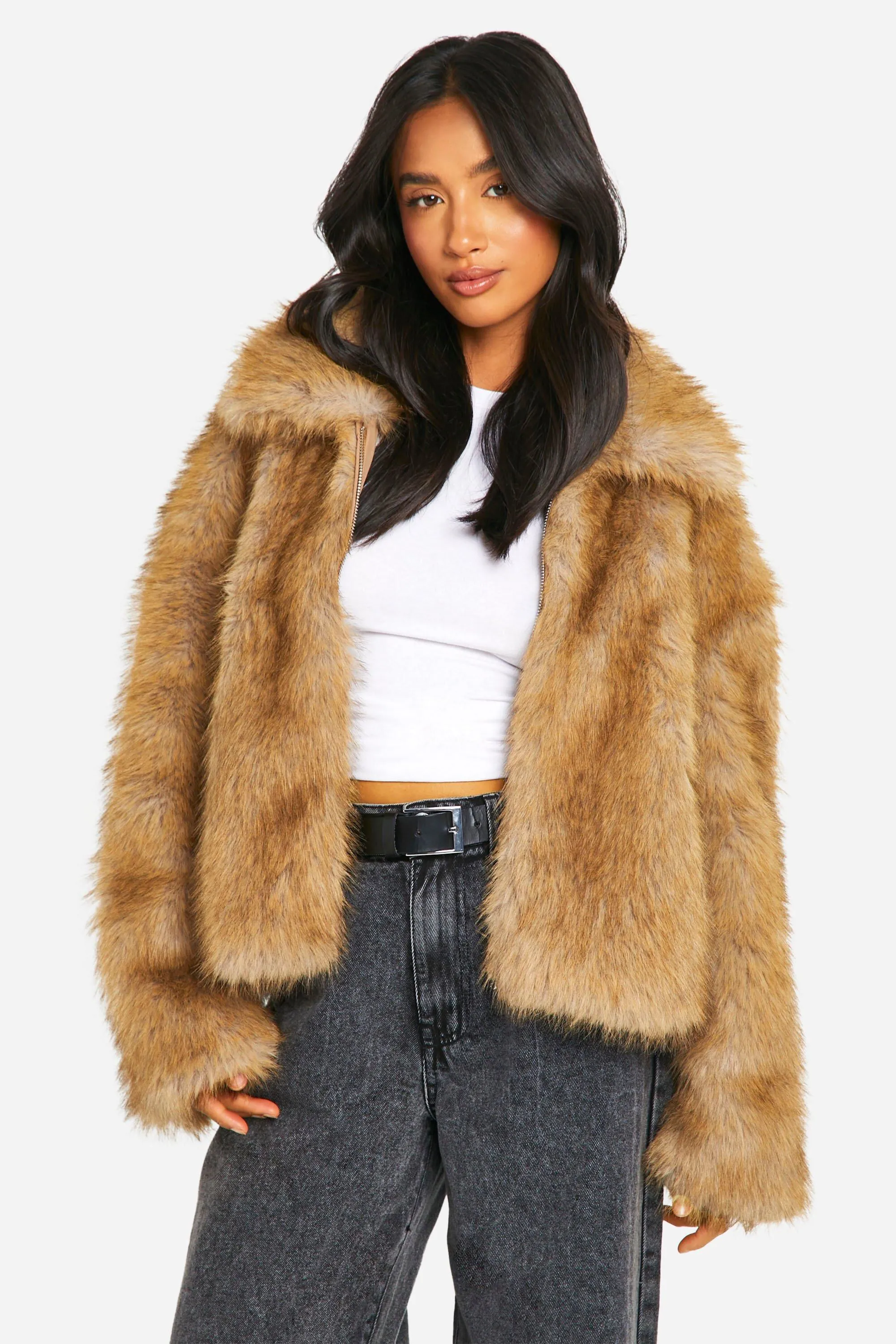 Premium Collared Faux Fur Coat for Petites