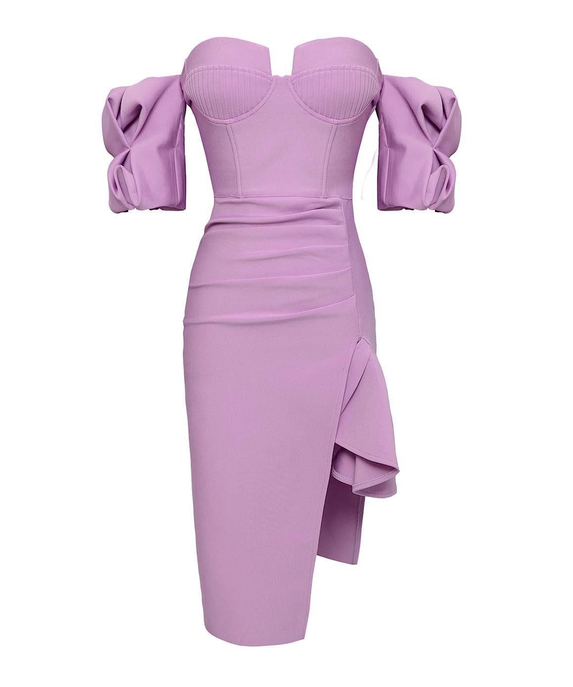 Purple Puffy Sleeve Midi Dress - Asymmetrical Design