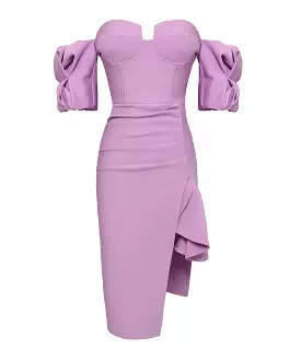 Purple Puffy Sleeve Midi Dress - Asymmetrical Design