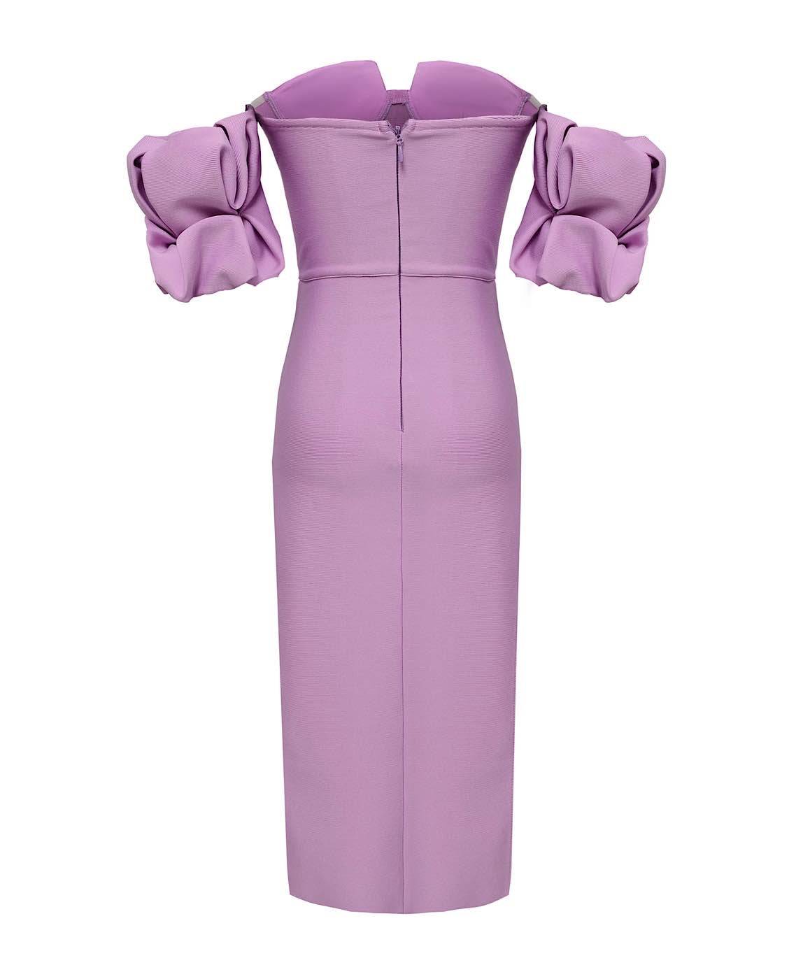 Purple Puffy Sleeve Midi Dress - Asymmetrical Design