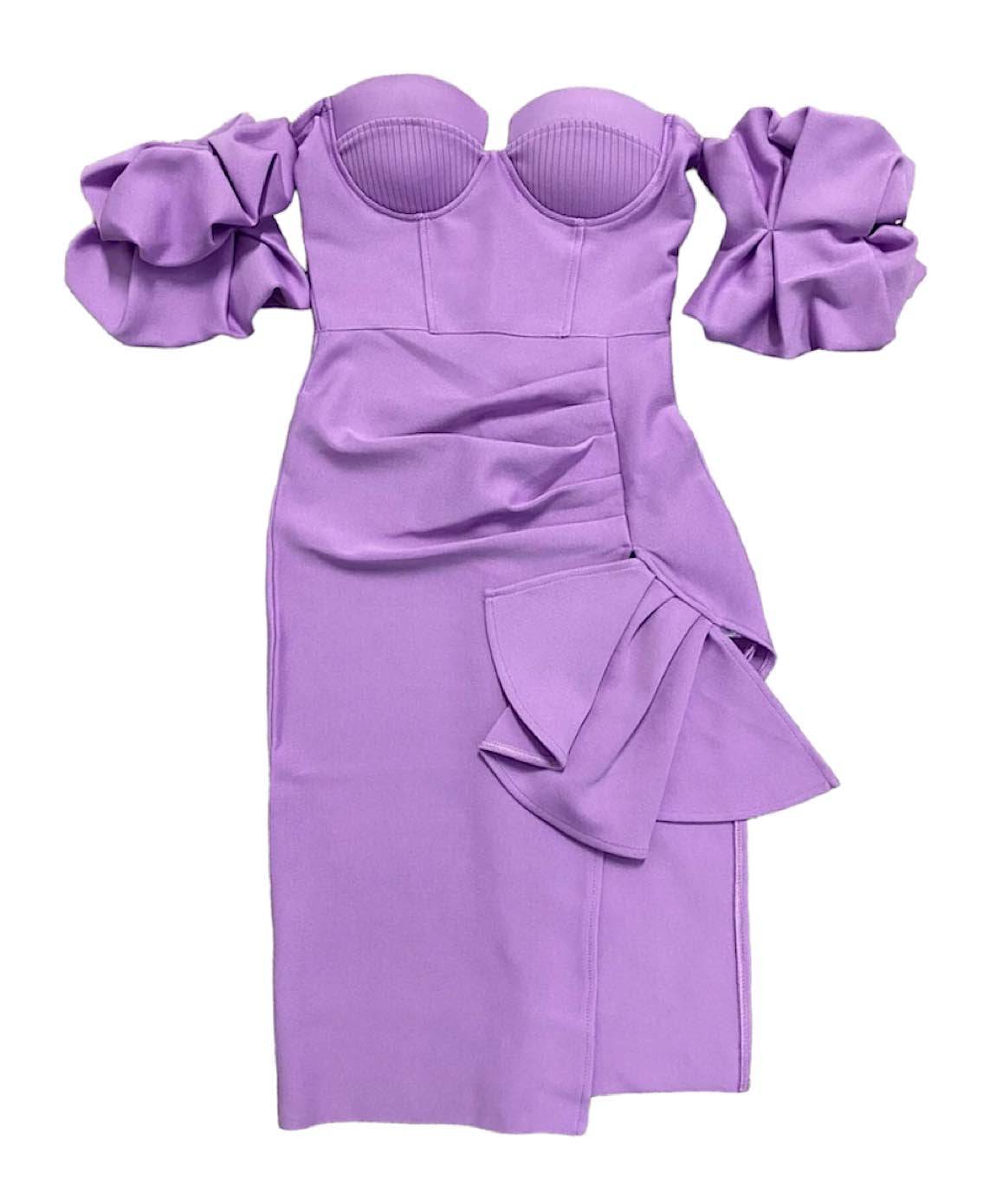 Purple Puffy Sleeve Midi Dress - Asymmetrical Design