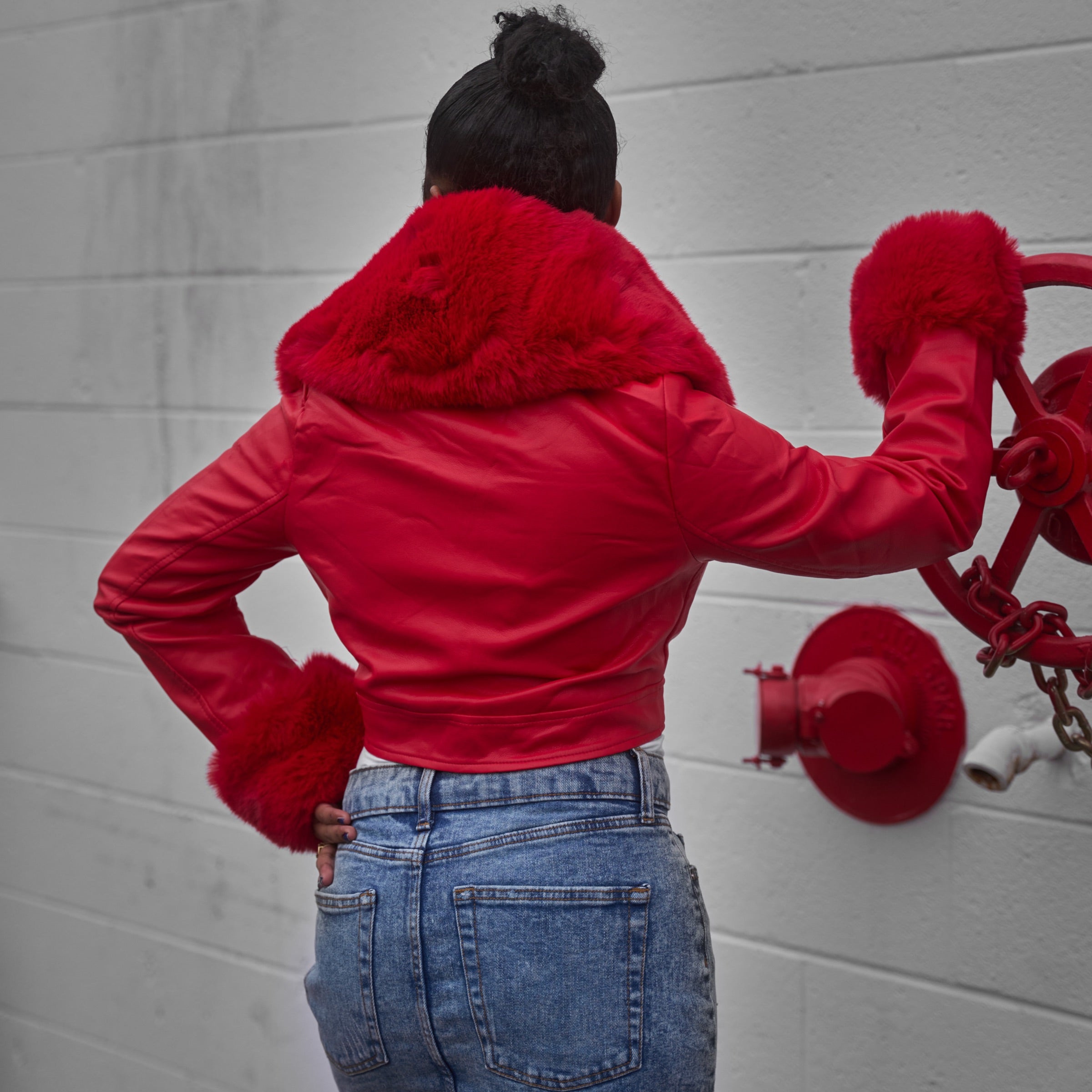 red faux leather jacket crush