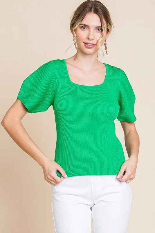 Ribbed Square Neck Top: Textured Square Neck Blouse