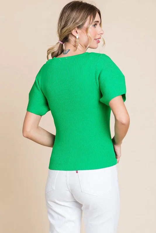 Ribbed Square Neck Top: Textured Square Neck Blouse