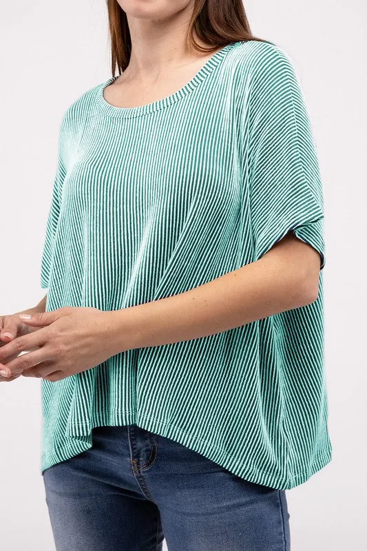 Ribbed Striped Oversized Short Sleeve Top : Striped Ribbed Oversized Tee