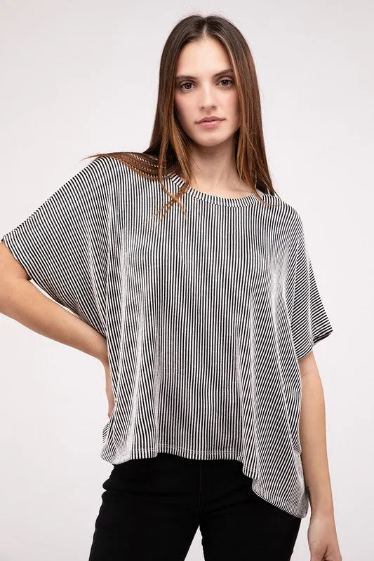 Ribbed Striped Oversized Short Sleeve Top : Striped Ribbed Oversized Tee