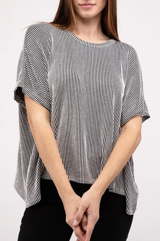 Ribbed Striped Oversized Short Sleeve Top : Striped Ribbed Oversized Tee