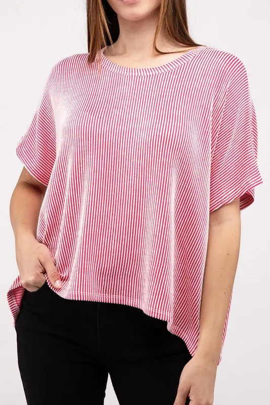 Ribbed Striped Oversized Short Sleeve Top : Striped Ribbed Oversized Tee