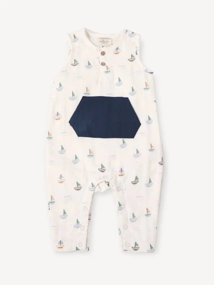 Organic Muslin Sleeveless Kangaroo Pocket Baby Romper - Sailboat