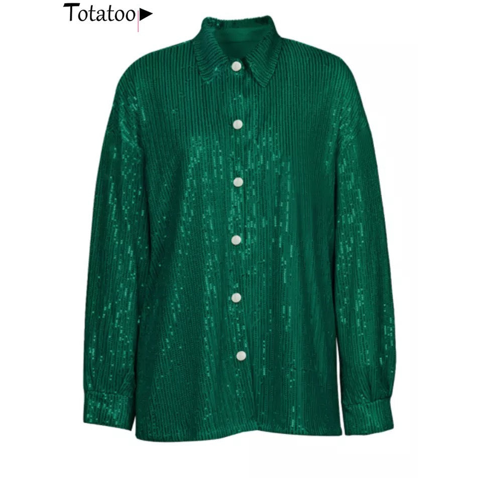 Sequin Button-Up Shirt with Long Sleeves