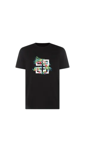 Black Slim Fit Floral 4G Logo Cotton Graphic T-Shirt