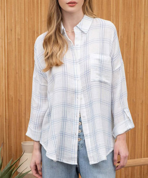 Soft Grid Denim Blue Button Down Top.