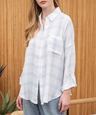 Soft Grid Denim Blue Button Down Top.