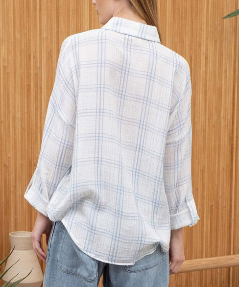 Soft Grid Denim Blue Button Down Top.