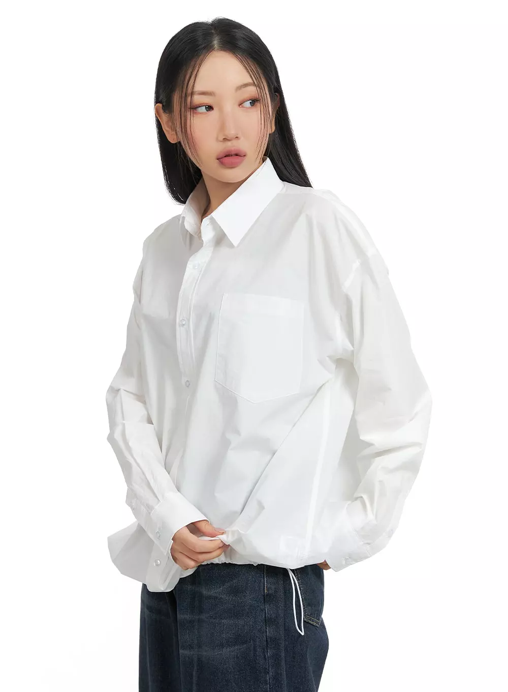 Solid Drawstring Blouse - Unisex Shirt CM418