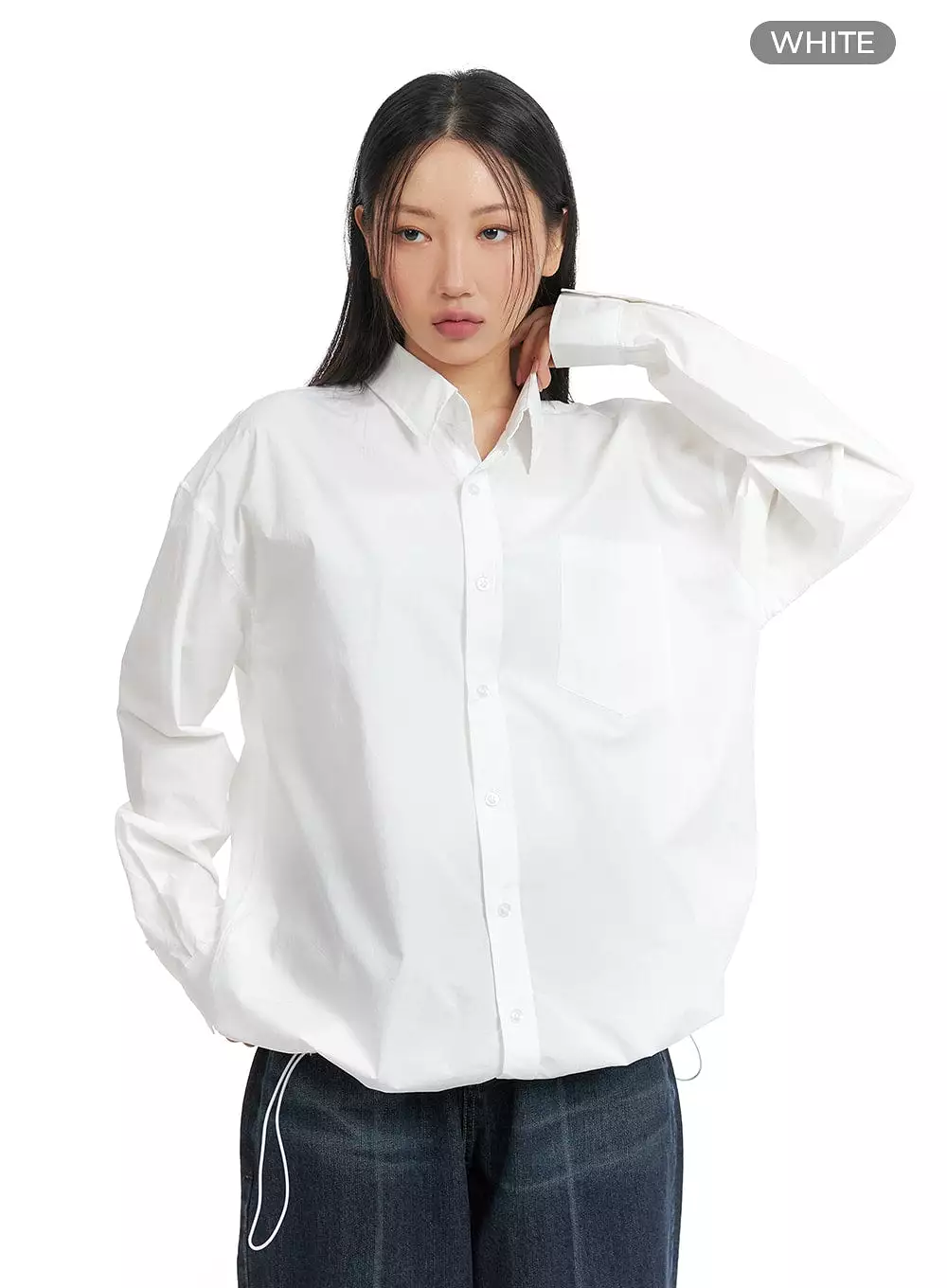 Solid Drawstring Blouse - Unisex Shirt CM418